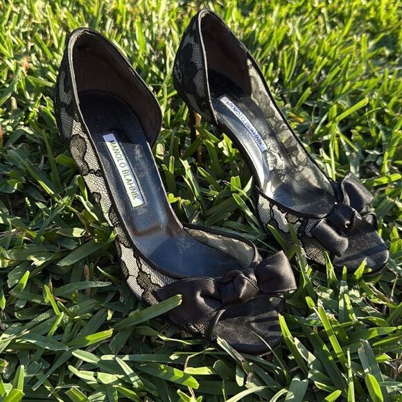 Manolo Blahnik Black Women's Shoes Size 38.5 Lace Black Heels - Picture 3 of 4